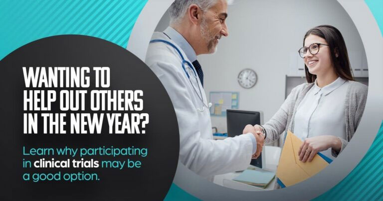 text: Wanting to help out others in the new year? Learn why participating in clinical trials may be a good option. | pictured: a woman shakes hands with a male doctor