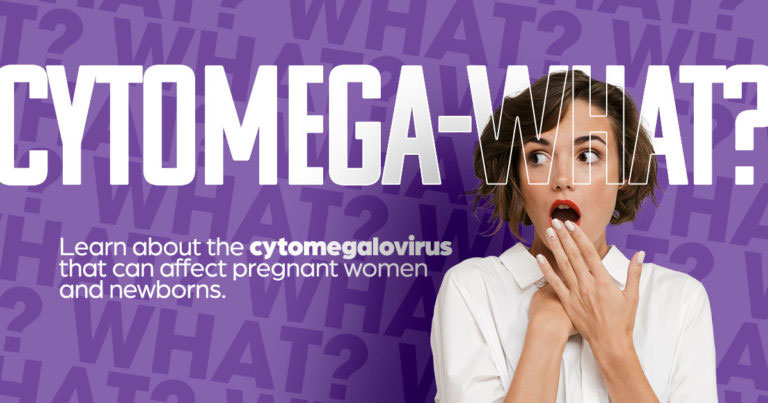 text: Citomega-what? Learn about cytomegalovirus that can affect pregnant women and newborns | pictured: a woman covers her mouth in surprise