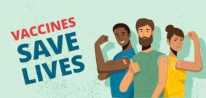 text: "Vaccines Save Lives" | pictured: a person makes a bicep showing off a recently vaccinated arm, another person gives a thumbs up | Wake Clinical Research
