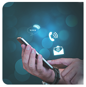 pictured: two hands manipulate a smart phone surrounded by floating illustrated icons of opening an email and making a phone call | Wake Clinical Research