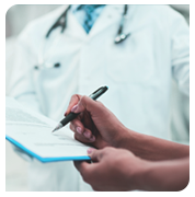 pictured: two hands holding a pen and paper; in the background is a doctor wearing a lab coat and stethoscope | Wake Clinical Research