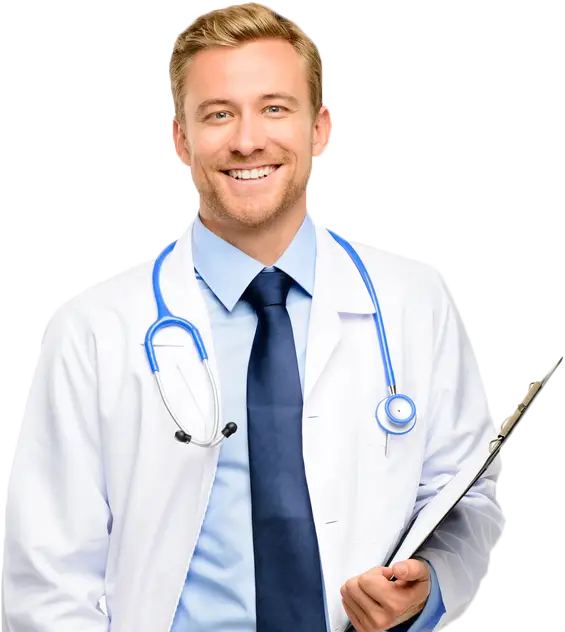 pictured: a doctor smiles and holds a clipboard